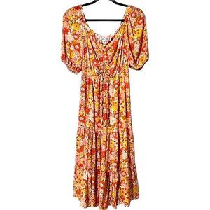 Orange Retro Floral Puff Sleeve Tiered Peasant Midi Dress CinchTie Front Small